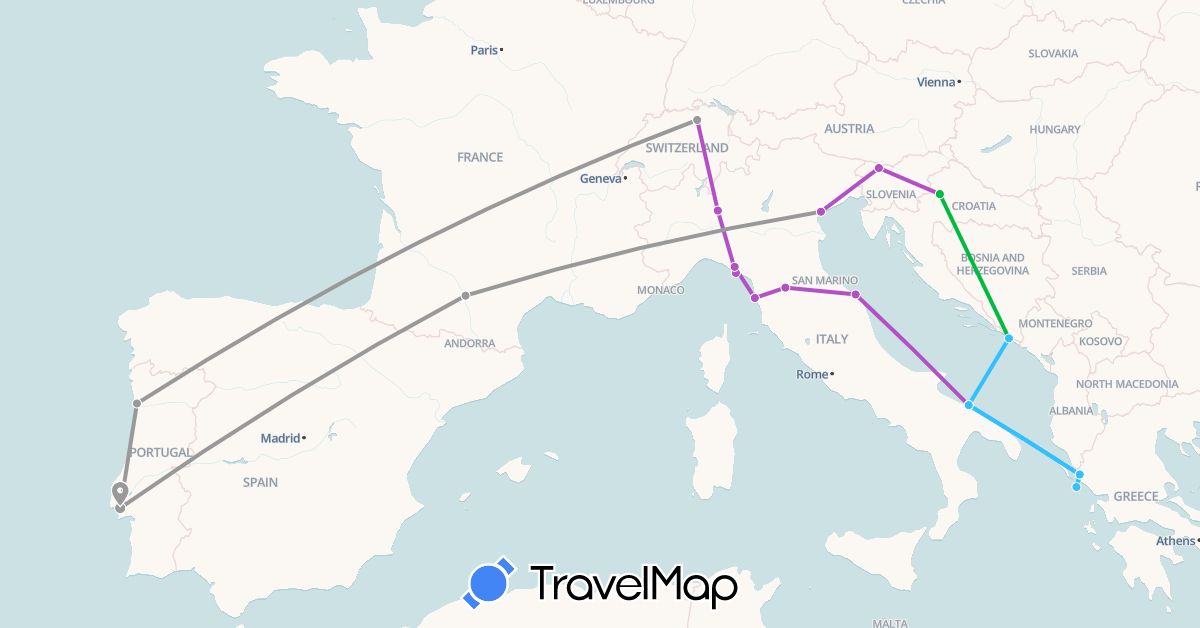TravelMap itinerary: driving, bus, plane, train, boat in Switzerland, France, Greece, Croatia, Italy, Portugal, Slovenia (Europe)